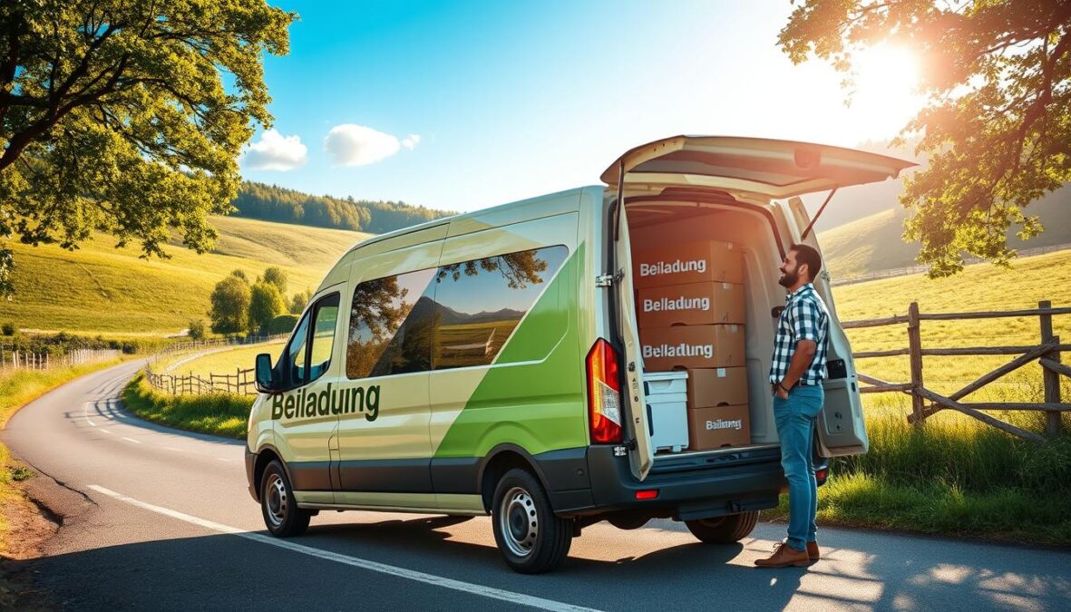 A mid-size van loaded with neatly stacked boxes is parked on a rural road, surrounded by lush greenery and rolling hills. The vehicle's side displays the logo "Beiladung" in bold lettering, indicating an environmentally friendly moving service. Sunlight filters through the trees, casting a warm, natural glow on the scene. The van's driver, dressed in casual attire, stands beside the open rear hatch, overseeing the loading process with a content expression. The overall atmosphere conveys a sense of efficiency, sustainability, and a harmonious integration with the picturesque countryside setting. A mid-size van loaded with neatly stacked boxes is parked on a rural road, surrounded by lush greenery and rolling hills. The vehicle's side displays the logo "Beiladung" in bold lettering, indicating an environmentally friendly moving service. Sunlight filters through the trees, casting a warm, natural glow on the scene. The van's driver, dressed in casual attire, stands beside the open rear hatch, overseeing the loading process with a content expression. The overall atmosphere conveys a sense of efficiency, sustainability, and a harmonious integration with the picturesque countryside setting.
