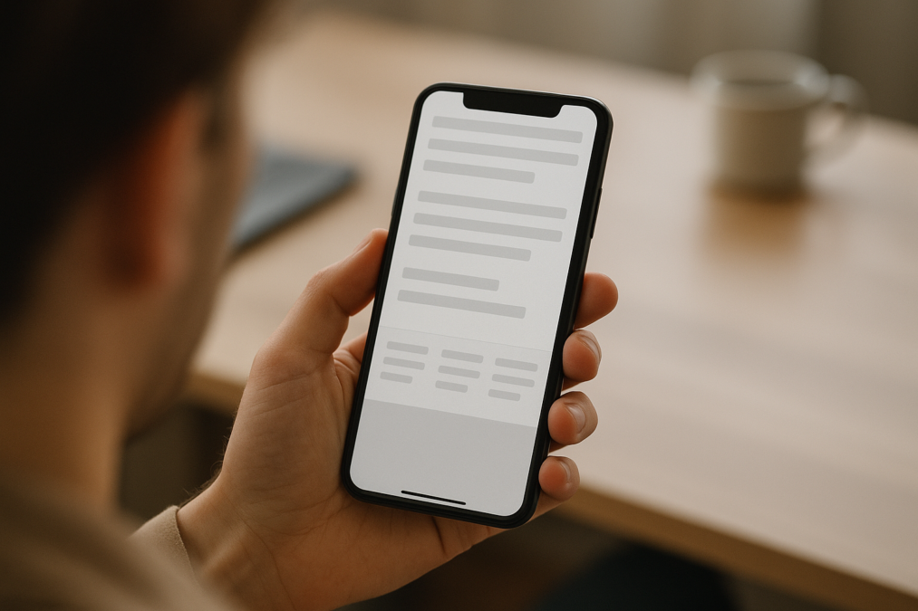 Person scrollt am Smartphone zum Fußbereich einer Webseite