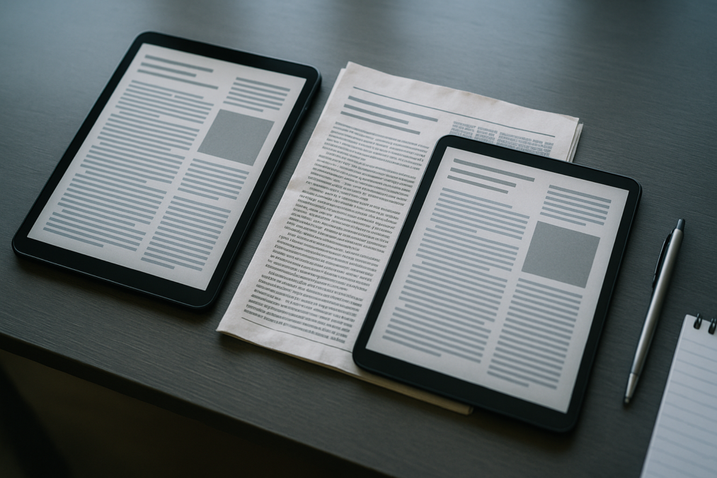 Zwei Tablets und eine Zeitung nebeneinander auf einem Schreibtisch